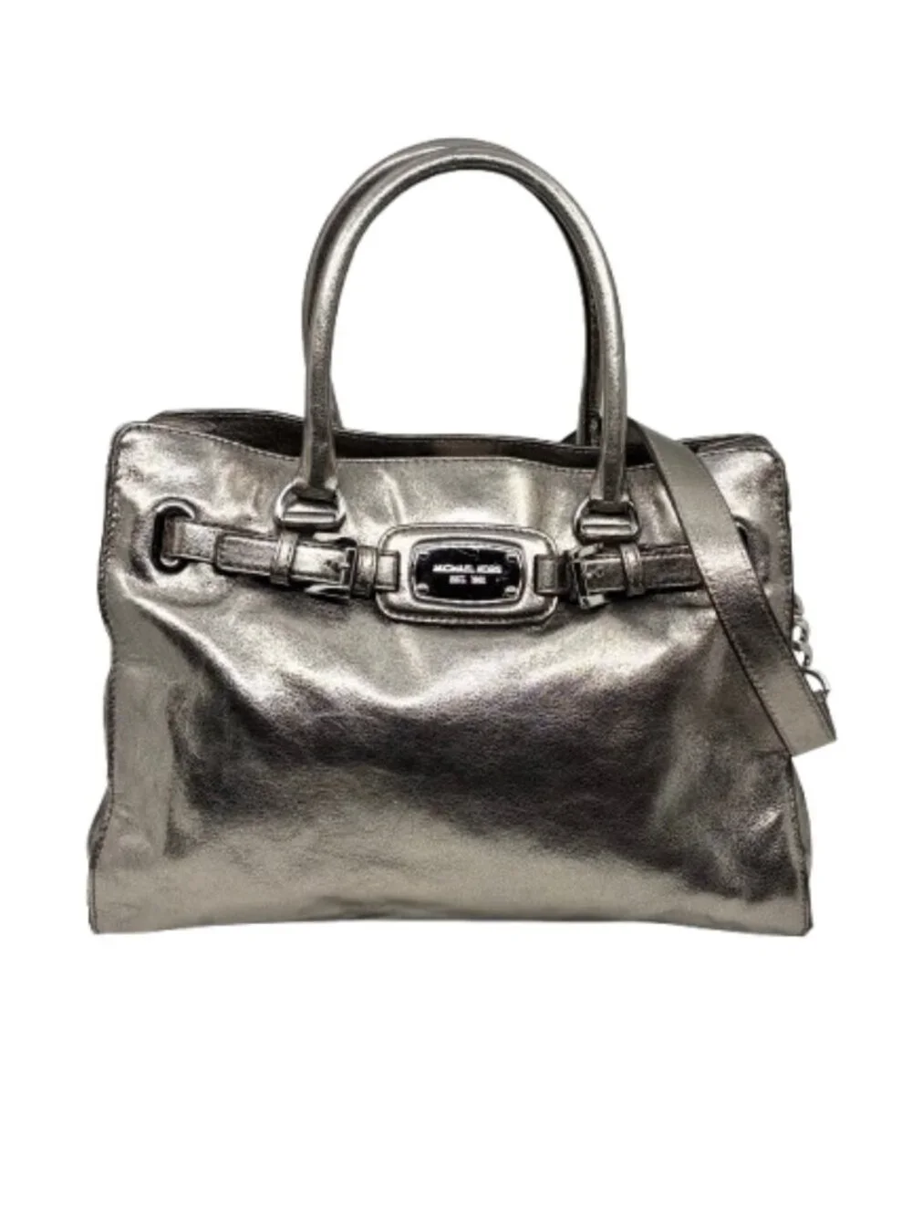 MICHAEL KORS~Hamilton~LARGE METALLIC PEBBLED SILVER LEATHER SATCHEL TOTE BAG